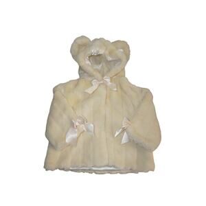 Bearington Baby Faux Fur Coat 12–24M Teddy Ear Hood Satin Bows Cream Jacket